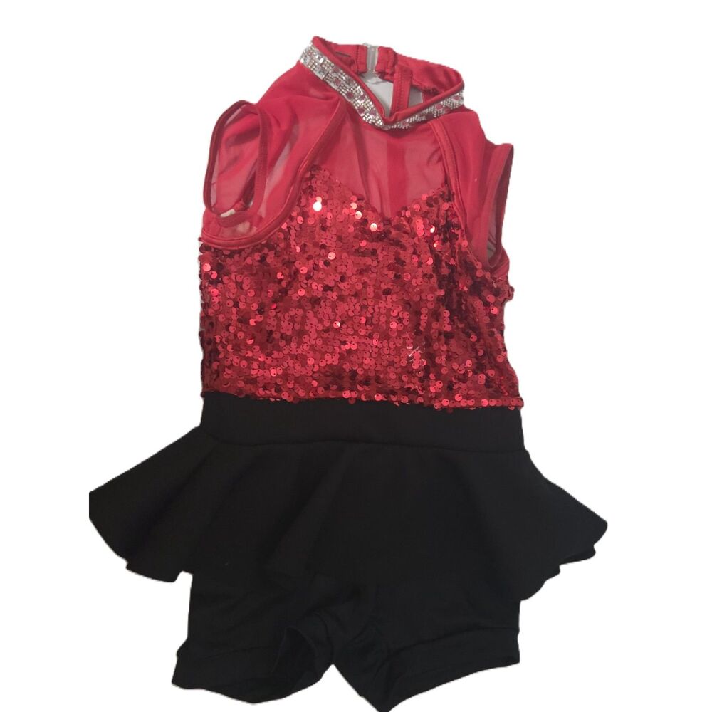 WEISMANN: Girls Dance Skate Outfit, Red Sequin /Mesh and Black Skirt/Shorts (1C)